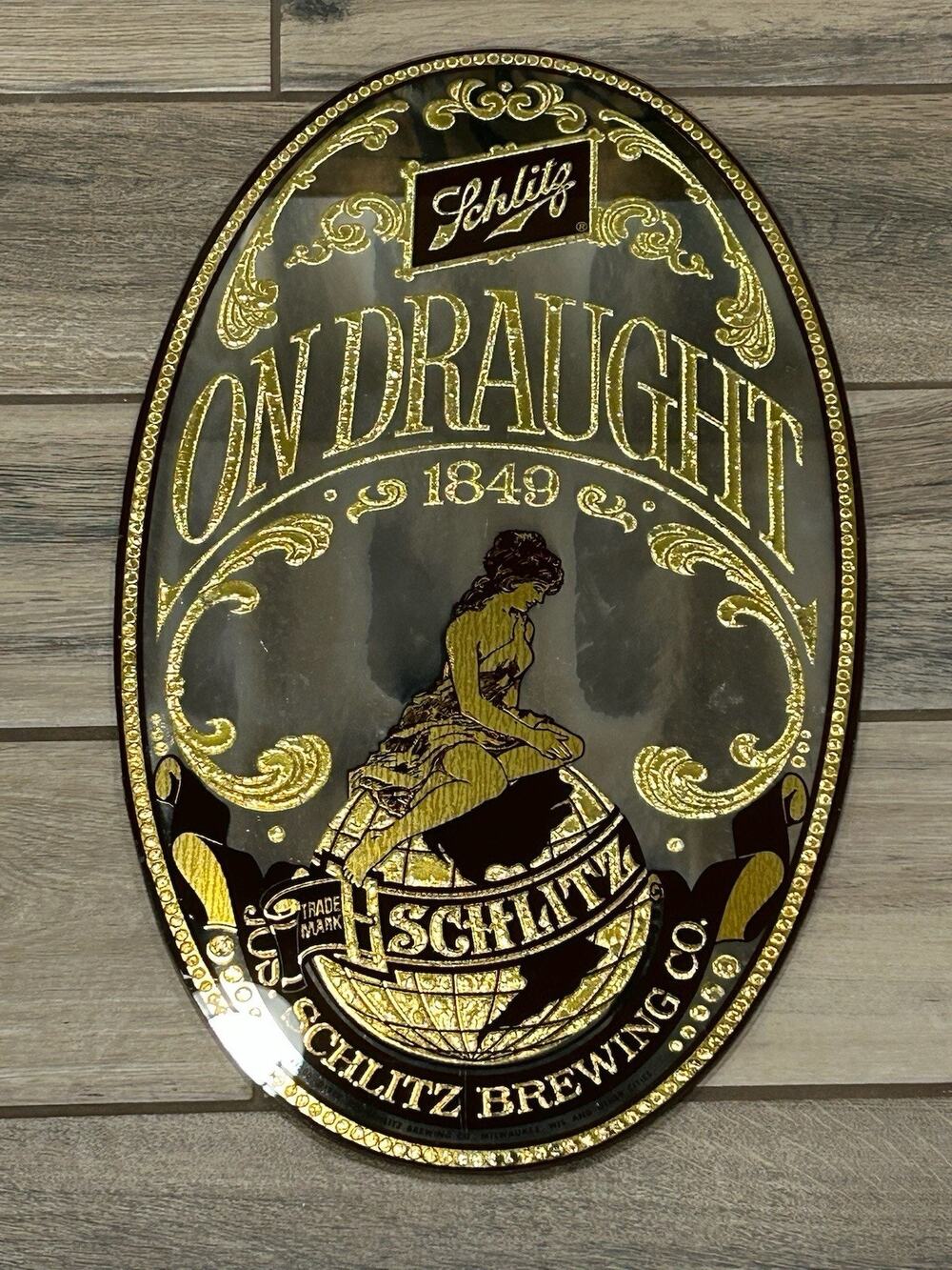 Vintage 70s Schlitz Brewing Co. On Draught Oval Mirror Breweriana Sign